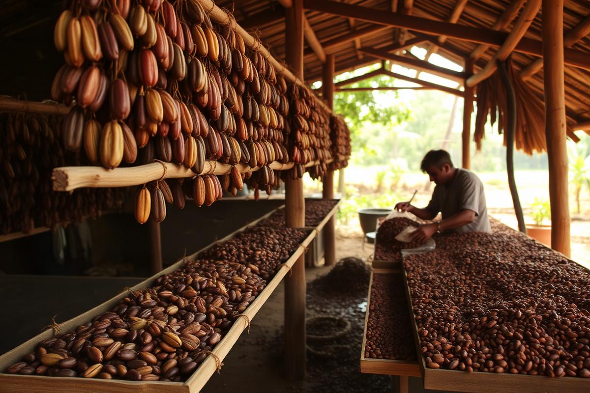 Fèves de cacao en séchage sur des claies dans un village