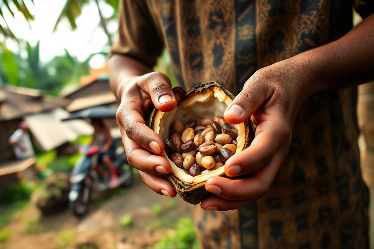Cabosse de cacao ouverte tenue dans deux mains