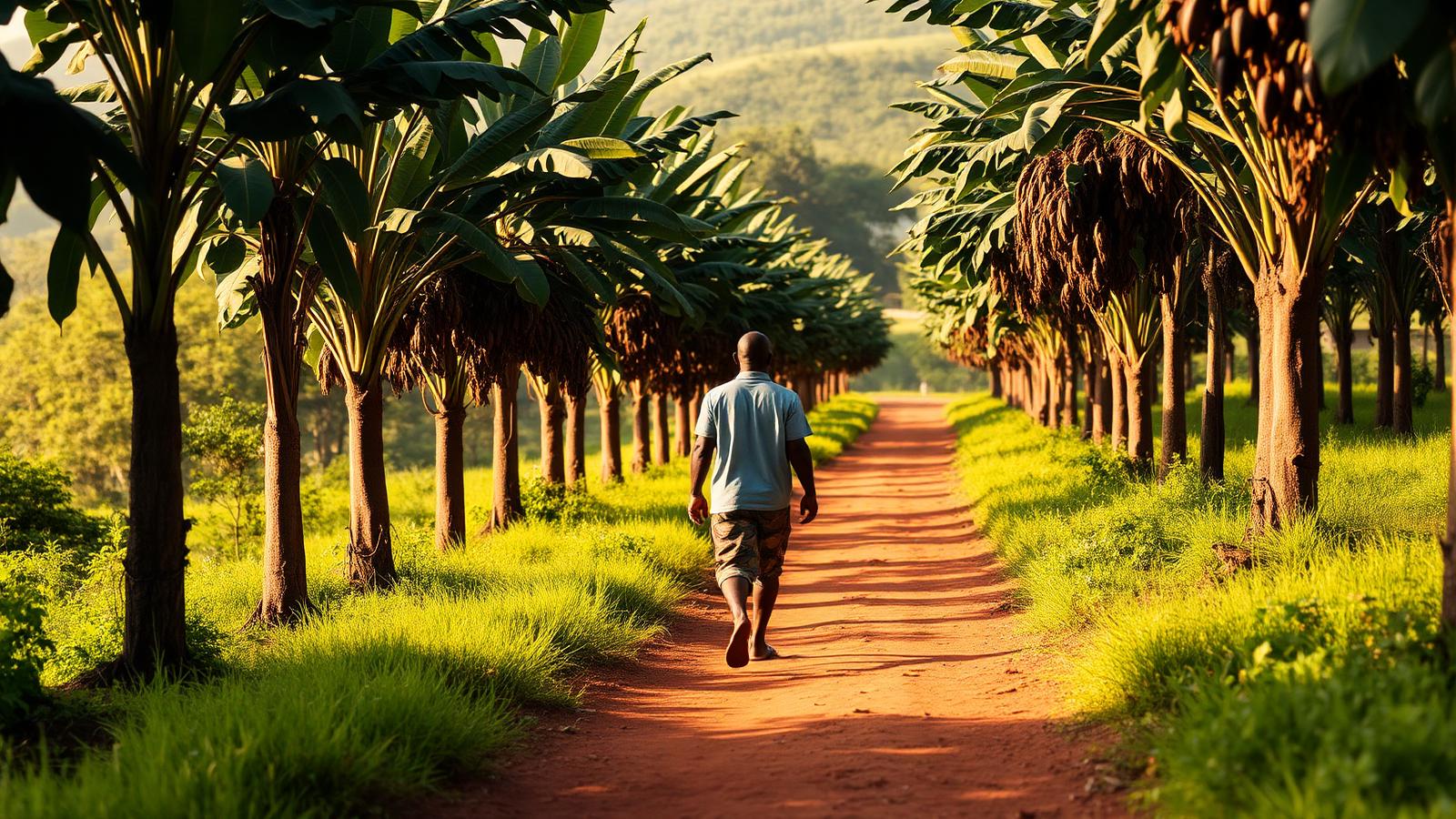 Piste de terre rouge bordée de cacaoyers dans l'ouest de la Côte d'Ivoire