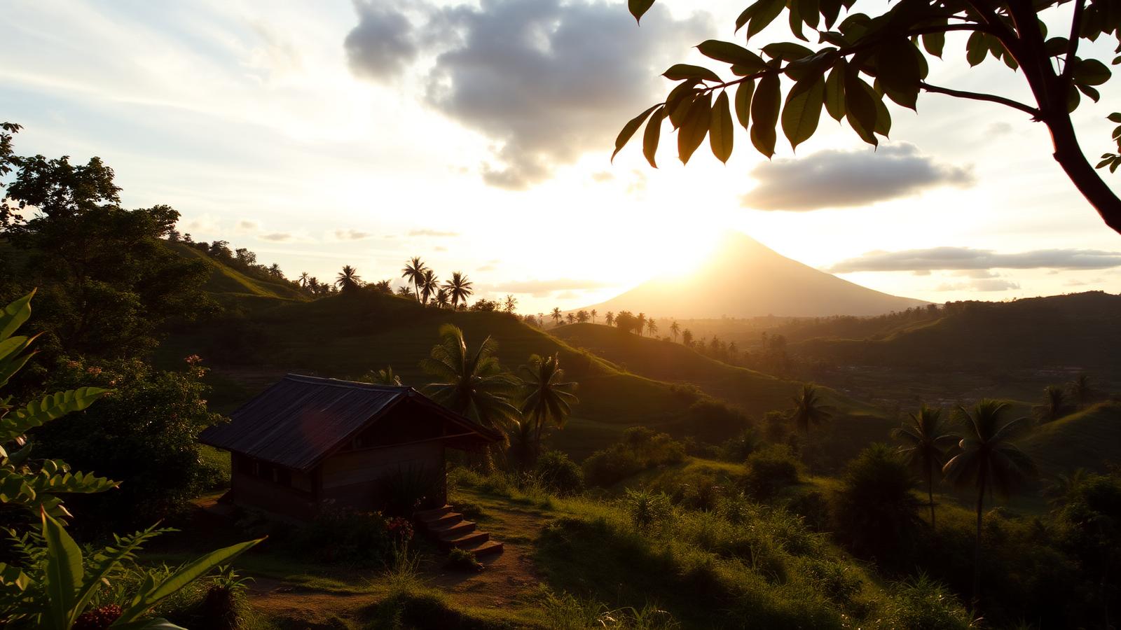 Collines tropicales cultivées à Bali au coucher du soleil
