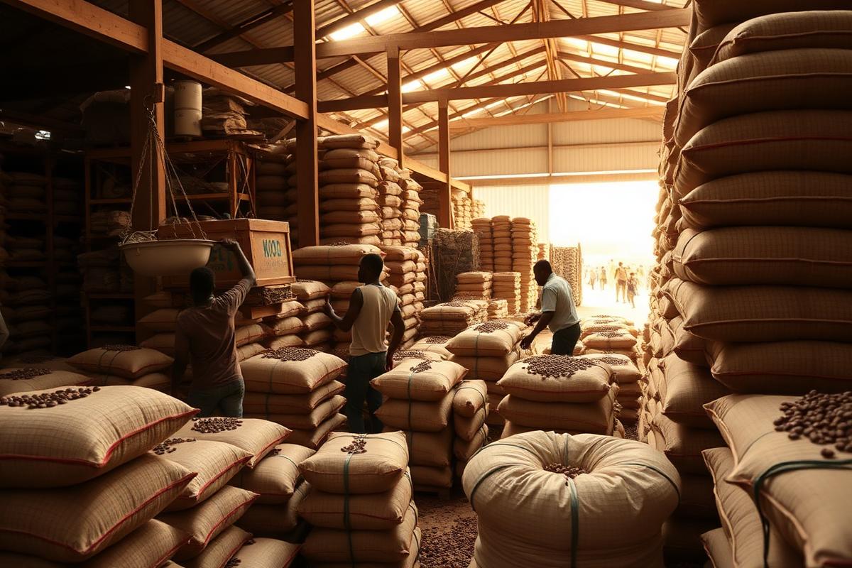 Pesée et manutention de sacs de cacao dans un entrepôt
