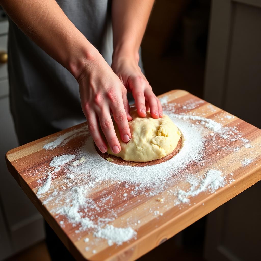 Pétrissage de la pâte sur planche farinée