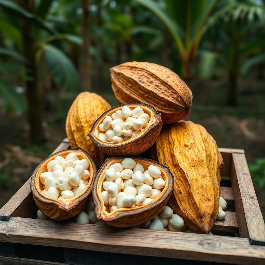 Cabosses de cacao ouvertes à la ferme