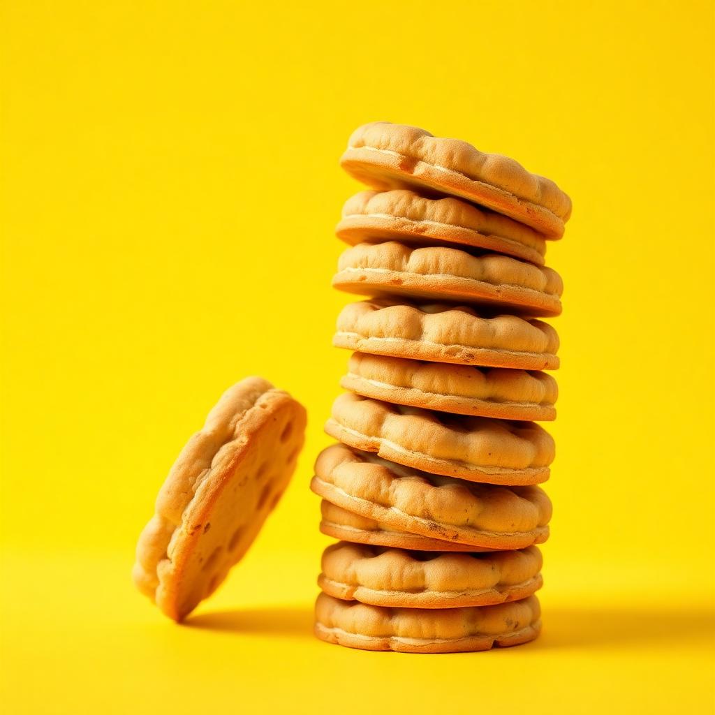 Pile de biscuits en équilibre sur fond jaune