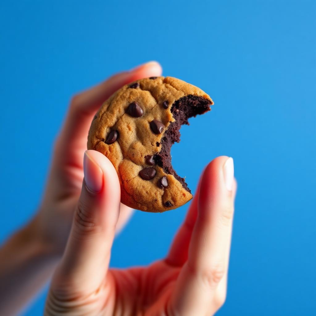 Cookie croqué sur fond bleu franc